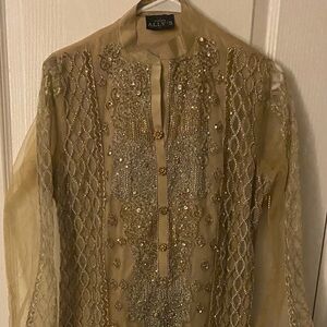 Ally’s Embellished Gold Tunic Pakistani Dress 3 Pcs